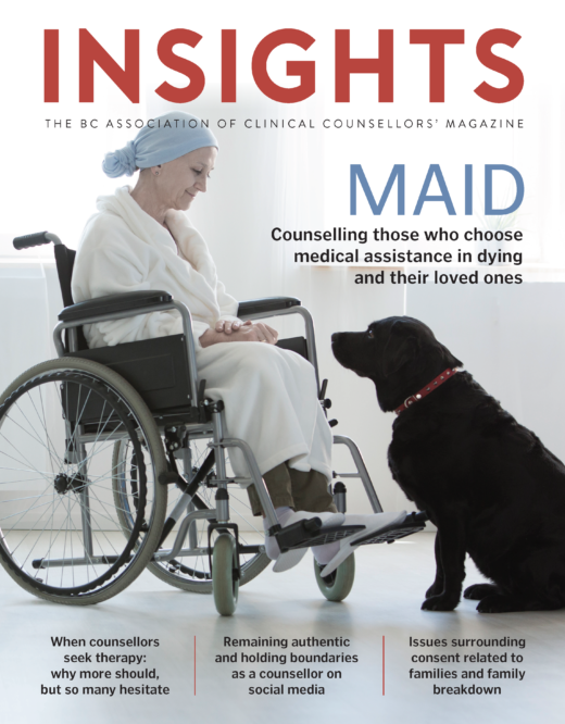 cover of Insights Magazine's Fall 2022 issue, features a woman at with a hair scarf sitting in a wheelchair, looking at therapy dog.